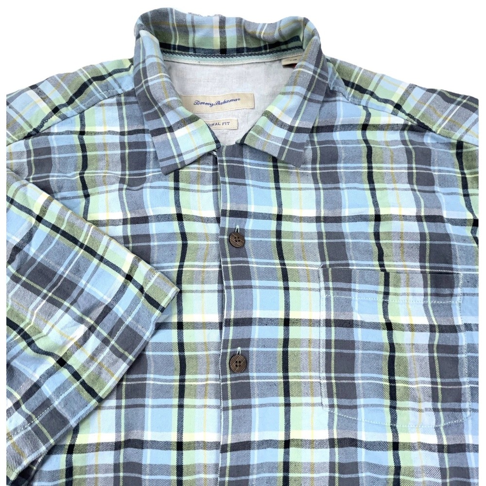 Tommy‎ Bahama Shirt Men Large Blue Green Plaid Silk Flannel Button Up Camp Adult
